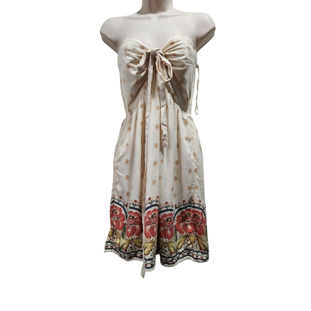 O'Neill Floral Border Print Strapless Halter Sun Dress Cream SU4416006 Womens M